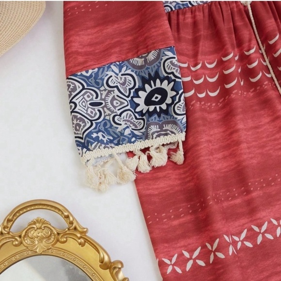 Red Casual Woman’s Floral Printed Patchwork Tassel Dress - Picture 5 of 11